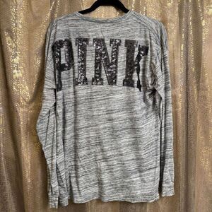 PINK Victorias Secret Gray Bling Sequined Shoulder Logo Campus Top Large